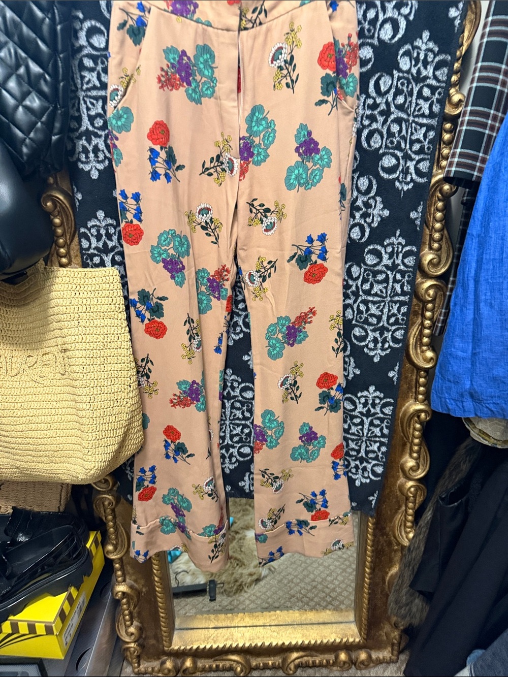 Smythe Peach Floral Boot Cut Pants with Multicolor Blooms